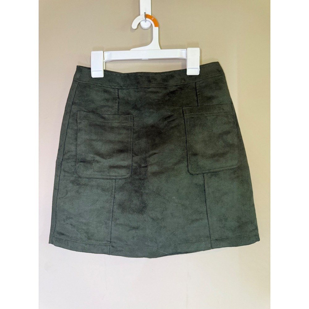 Old Navy Womens Faux Suede Mini Skirt Olive Green Front Pocket Ring Zip Size 0